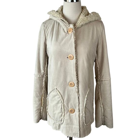 Vintage Y2K Faux Suede Faux Fur Sherpa Lined Jacket Button Up Hood size Medium - Picture 10 of 13